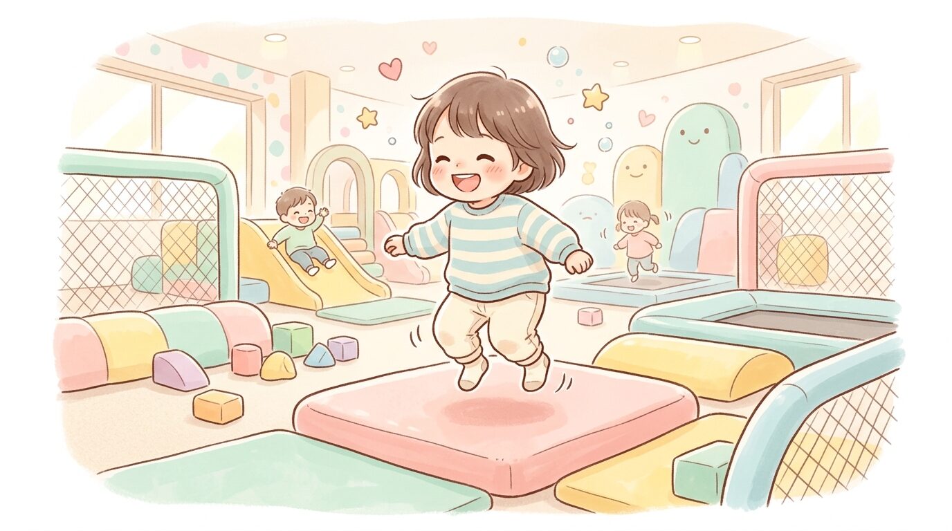 明るい室内トランポリンパークのキッズエリアで小さな子供が笑顔で跳んでいる様子