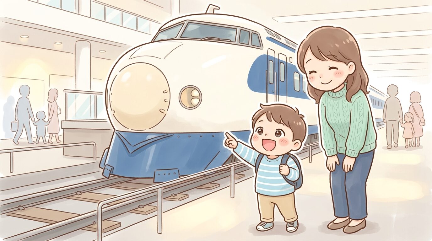 大きな新幹線の実物車両の前で目を輝かせる2歳くらいの男の子と見守る母親