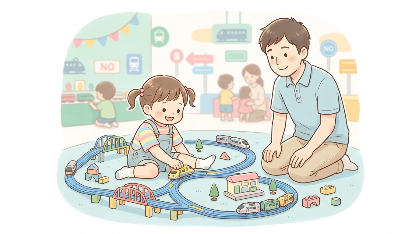 京都鉄道博物館のプラレールコーナーで夢中になって遊ぶ幼児と隣で見守る父親