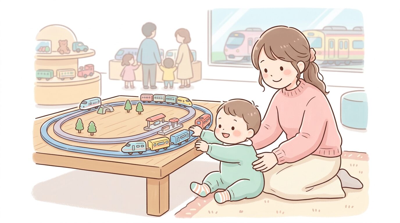 鉄道博物館のプラレールゾーンで電車のおもちゃに手を伸ばす1歳くらいの赤ちゃんと見守る母親
