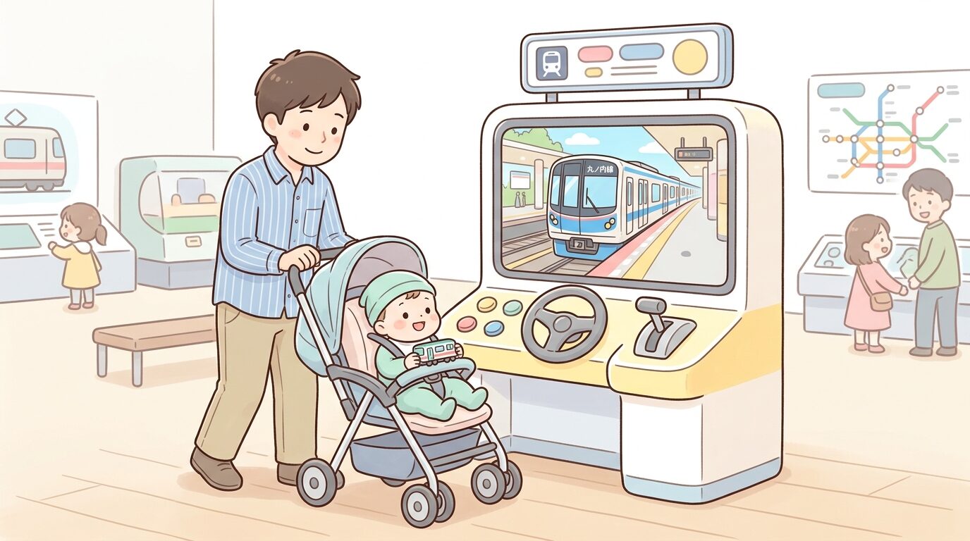 地下鉄博物館の運転シミュレーターの前でベビーカーに乗った子どもと父親が電車を眺めている様子