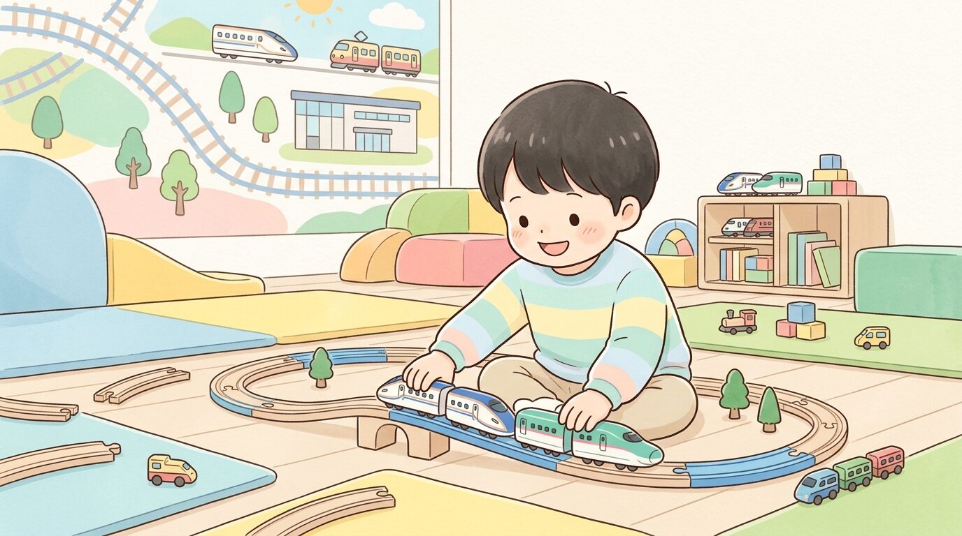 リニア・鉄道館のキッズコーナーでレールとおもちゃの電車を並べて遊ぶ2歳くらいの男の子
