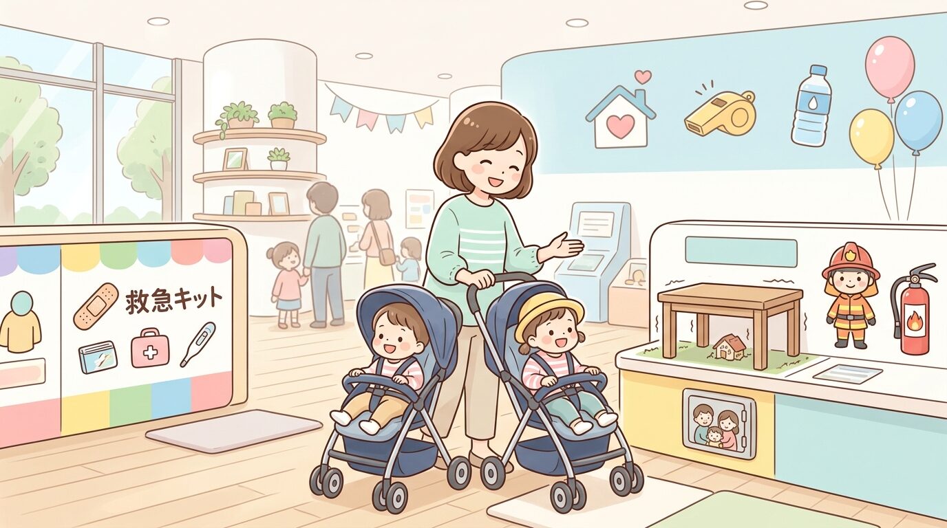 明るい室内の防災体験施設で、ベビーカーを押しながら展示を見る母親と幼児