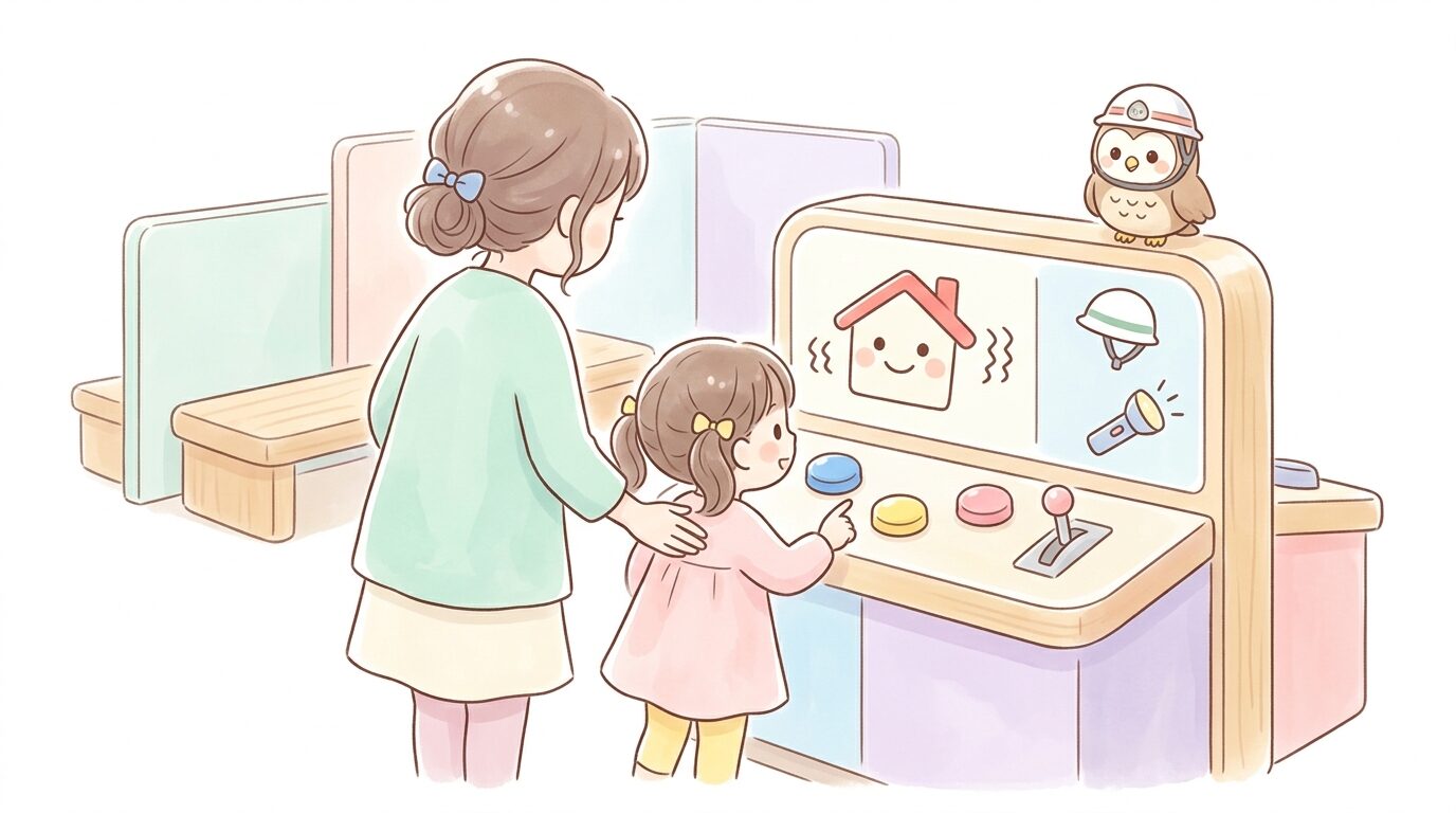 池袋防災館の館内で、地震コーナーの展示を興味深そうに見る親子の後ろ姿