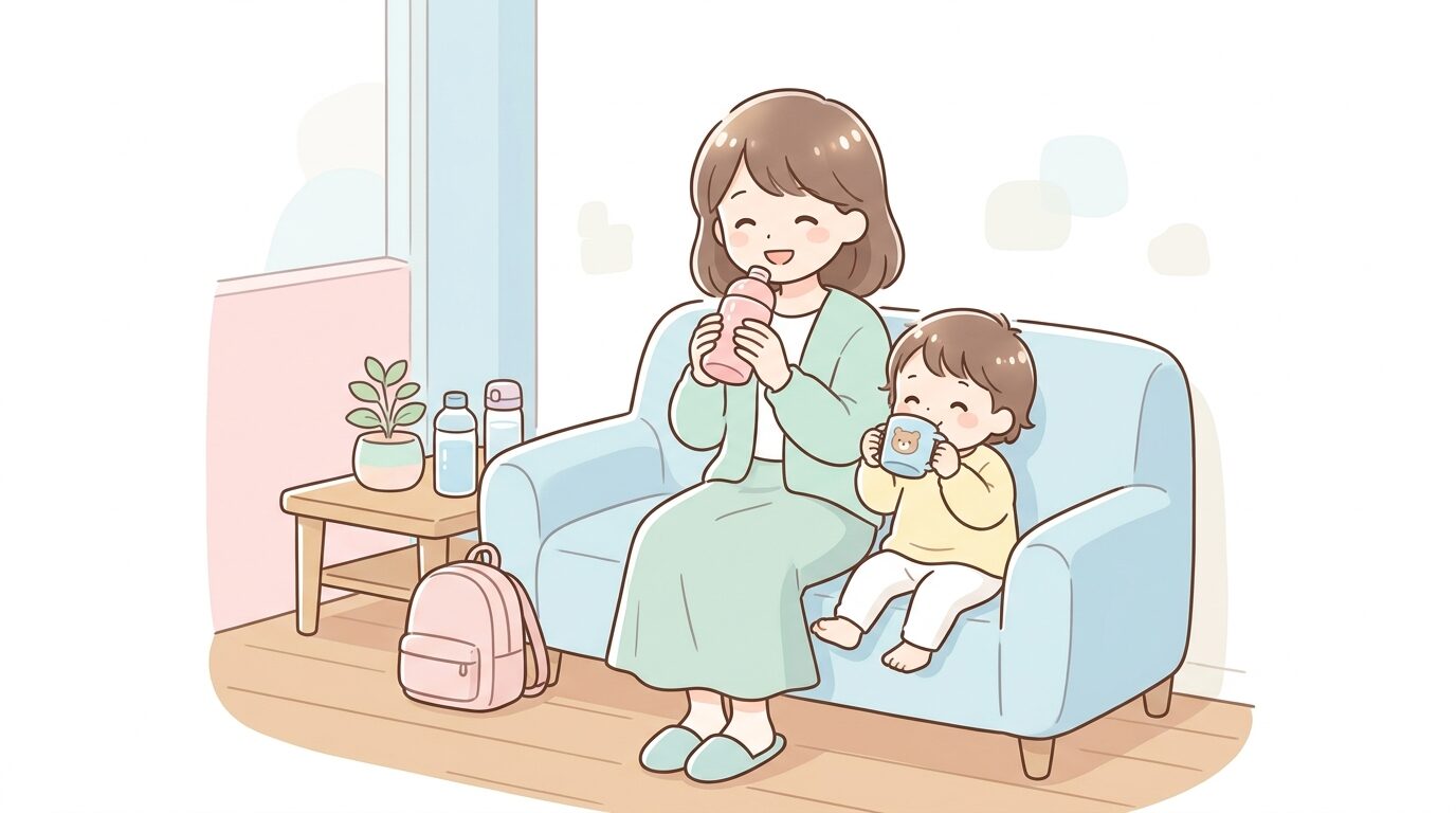 防災体験施設の休憩スペースで、水分補給をしながらリラックスする親子