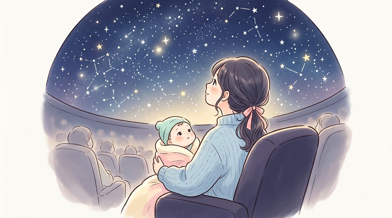 プラネタリウムのドーム内で満天の星空を見上げる赤ちゃんと抱っこするお母さんの後ろ姿