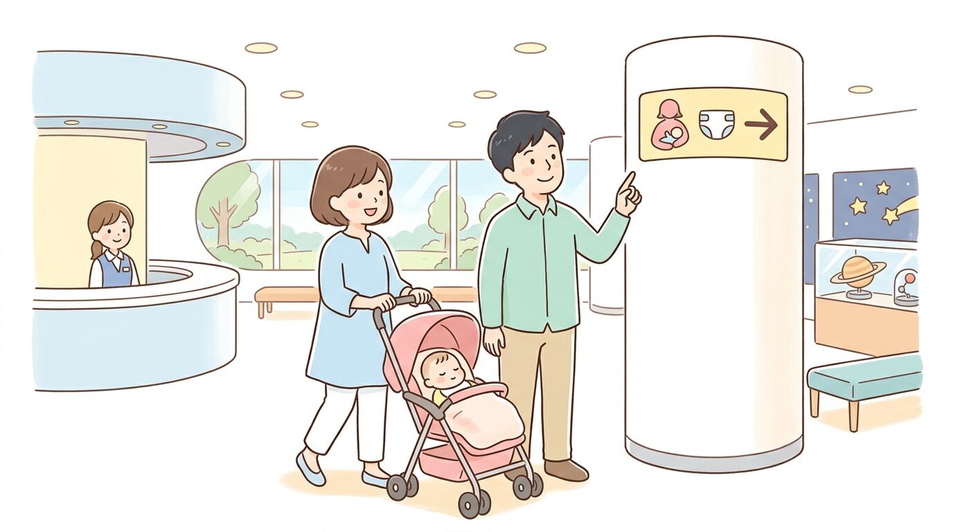 科学館のロビーでベビーカーを押しながら授乳室の案内表示を確認する家族連れ