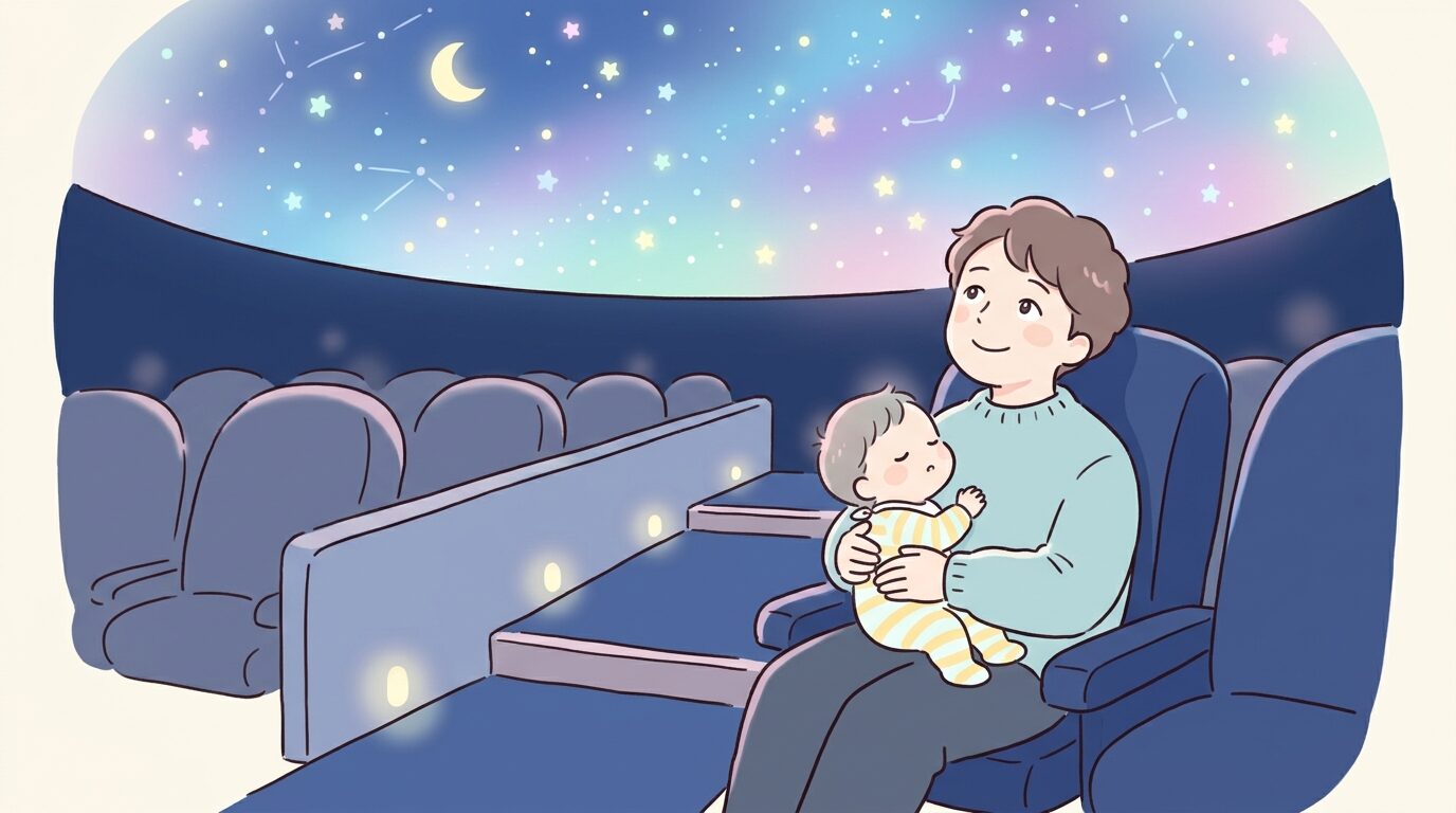 プラネタリウムの座席で通路側に座り子どもを抱っこして星空を見上げる父親