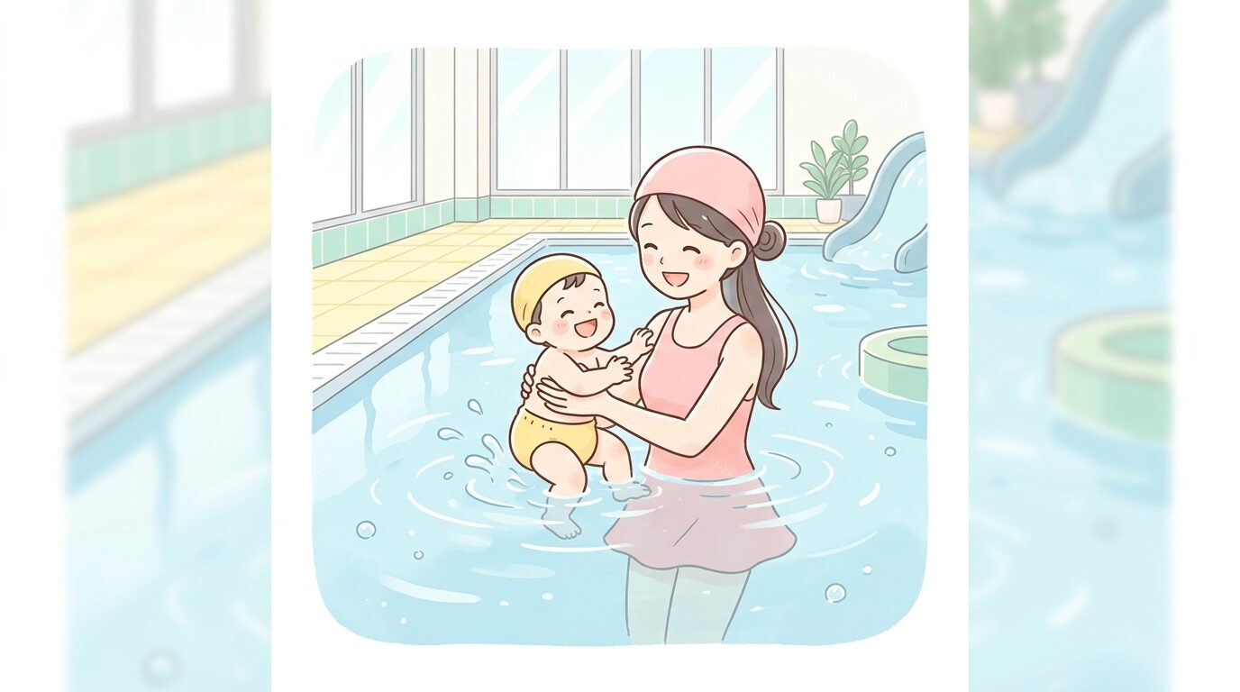 温水の屋内プールで赤ちゃんを抱いて笑顔で水遊びをする母親