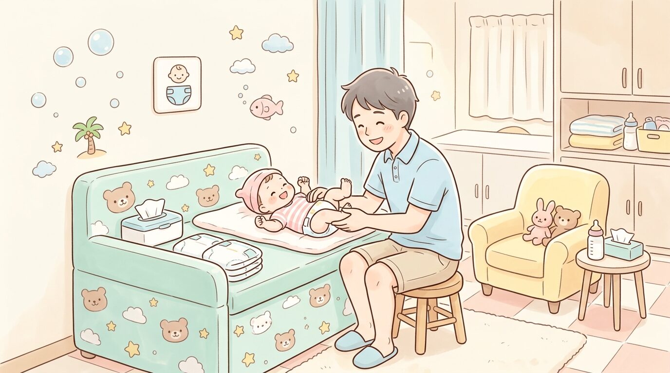 屋内プール施設の授乳室で赤ちゃんのおむつを替える父親