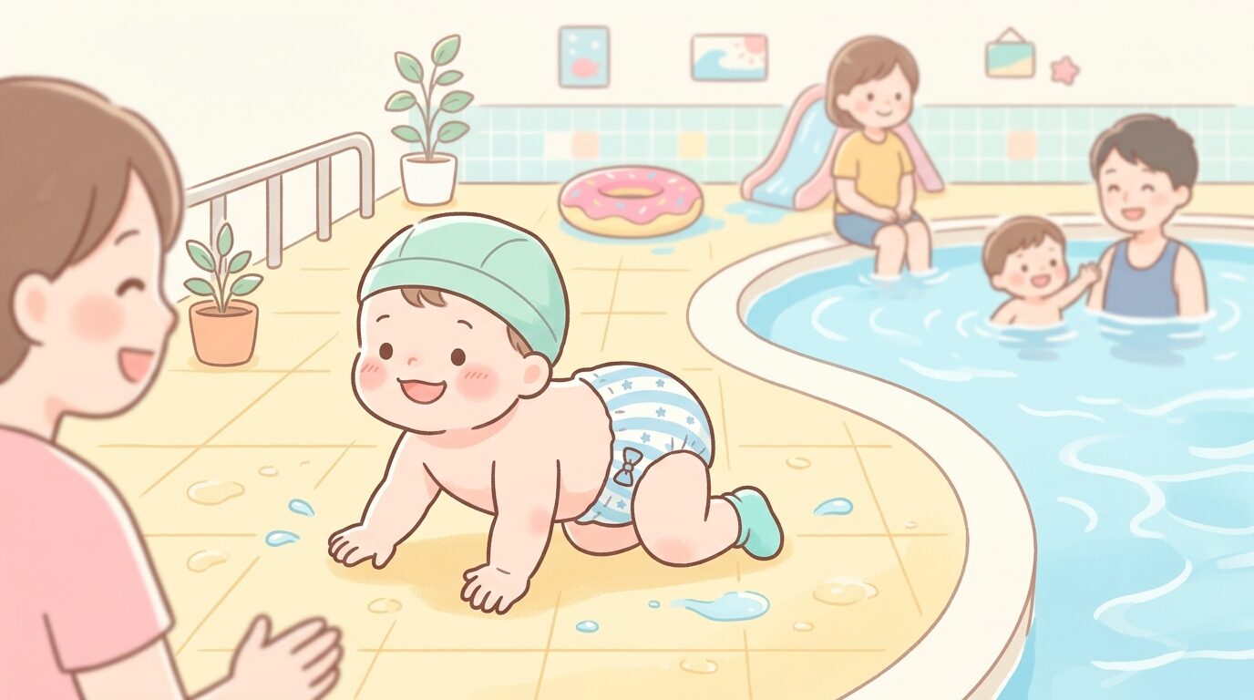 水遊び用おむつを履いた赤ちゃんがプールサイドでハイハイしている様子