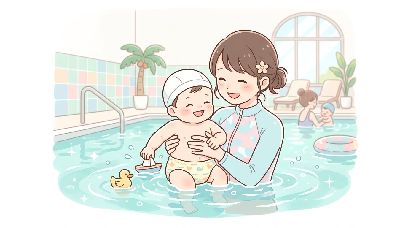 ホテルの室内温水プールで赤ちゃんを抱っこして水遊びを楽しむ母親と1歳児