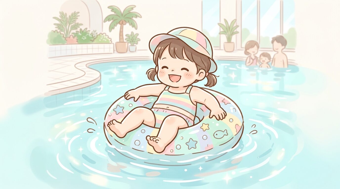 足入れタイプの浮き輪をつけて室内プールで楽しそうに遊ぶ2歳児