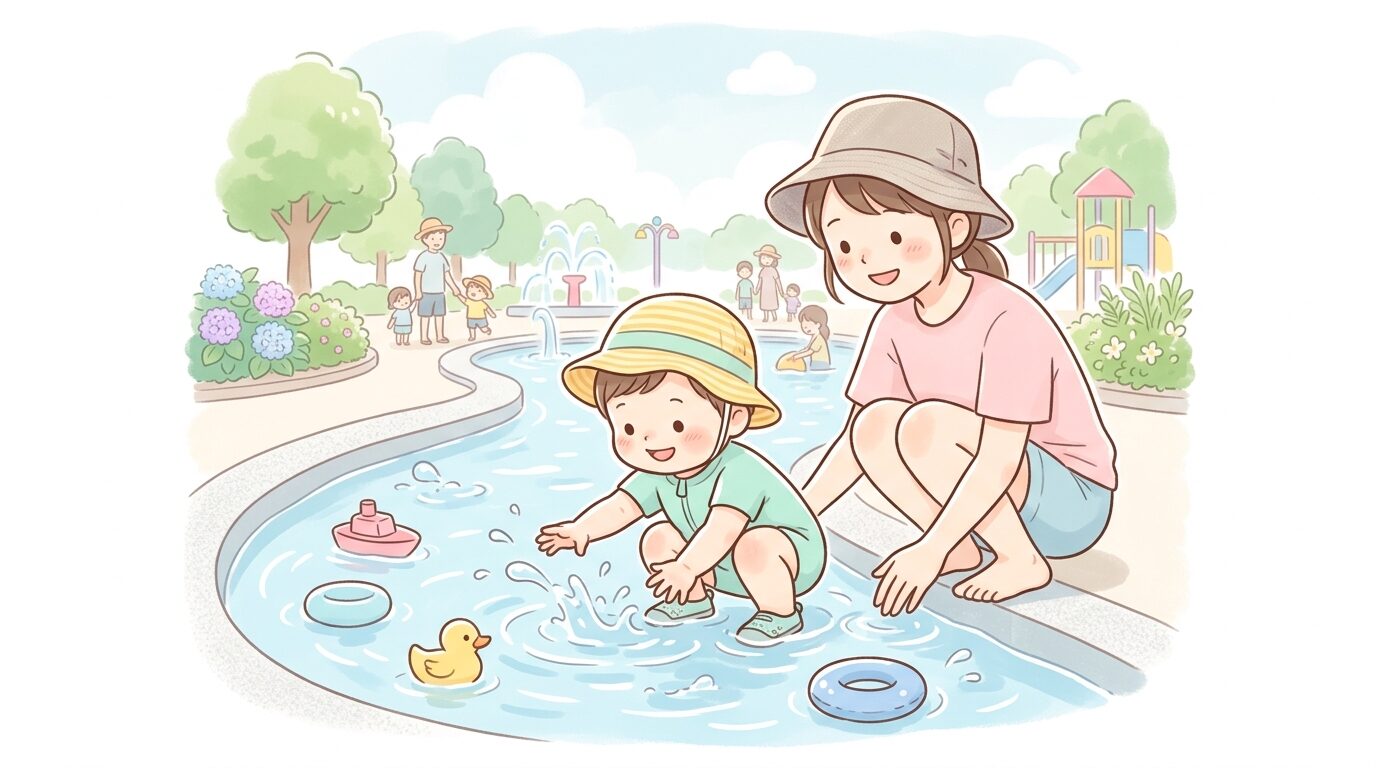 浅い人工池でしゃがんで水面に手を伸ばす1歳くらいの子どもと、そばで見守る母親