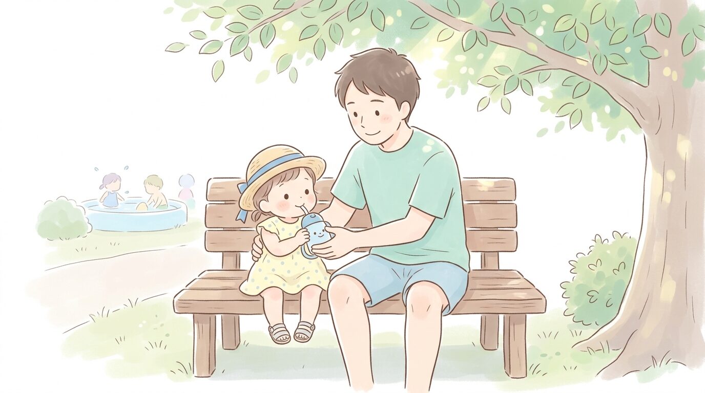 木陰のベンチで麦わら帽子をかぶった幼児に水分補給をさせる父親の様子