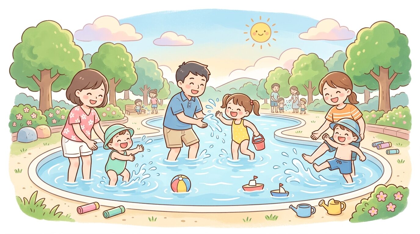 都立公園の広いじゃぶじゃぶ池で複数の親子が笑顔で水をかけ合っている夏の様子