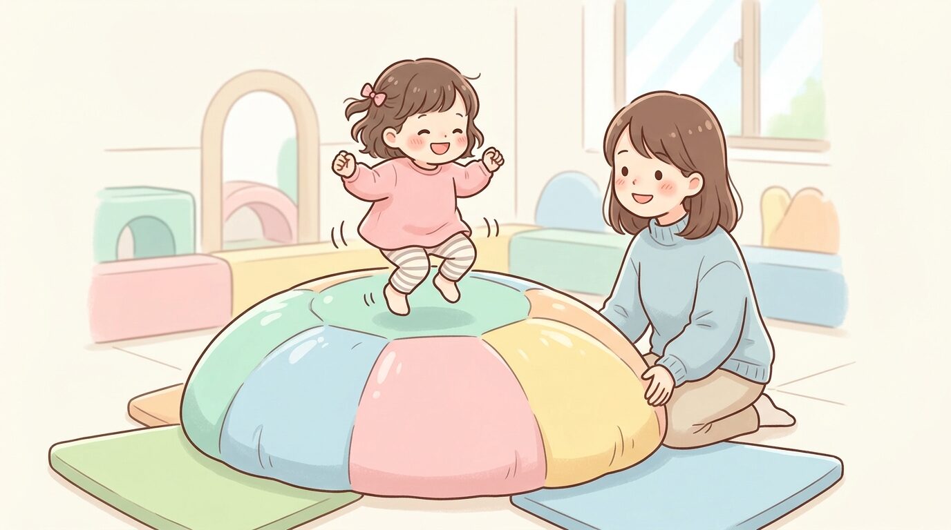 室内のカラフルなふわふわドームで笑顔で飛び跳ねる2歳児と、そばで見守る母親の様子