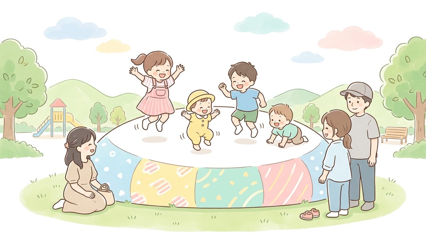 ふわふわドームの中で年齢の異なる子どもたちが一緒に遊び、保護者が入口付近で目を配っている様子