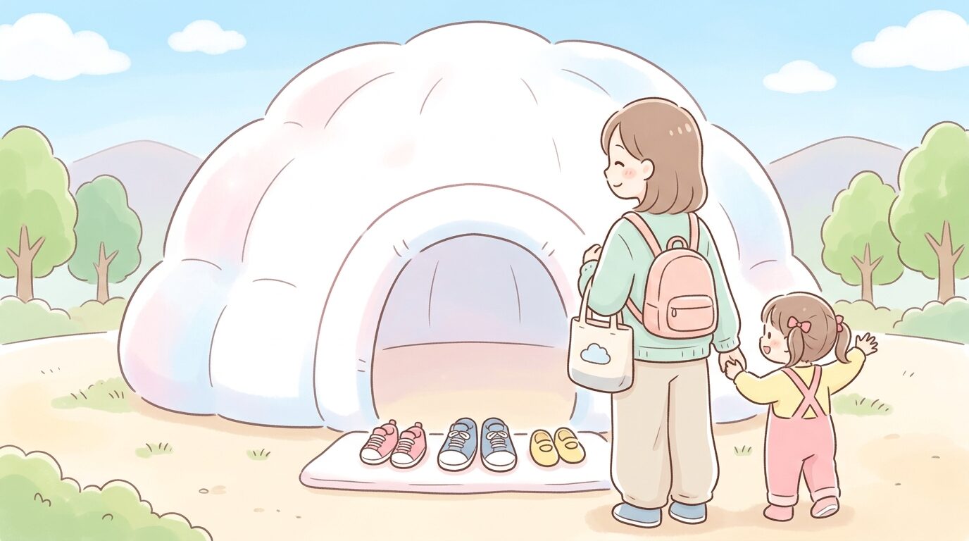 ふわふわドームの入口に靴を並べて脱ぎ、笑顔で入場を待つ親子の後ろ姿