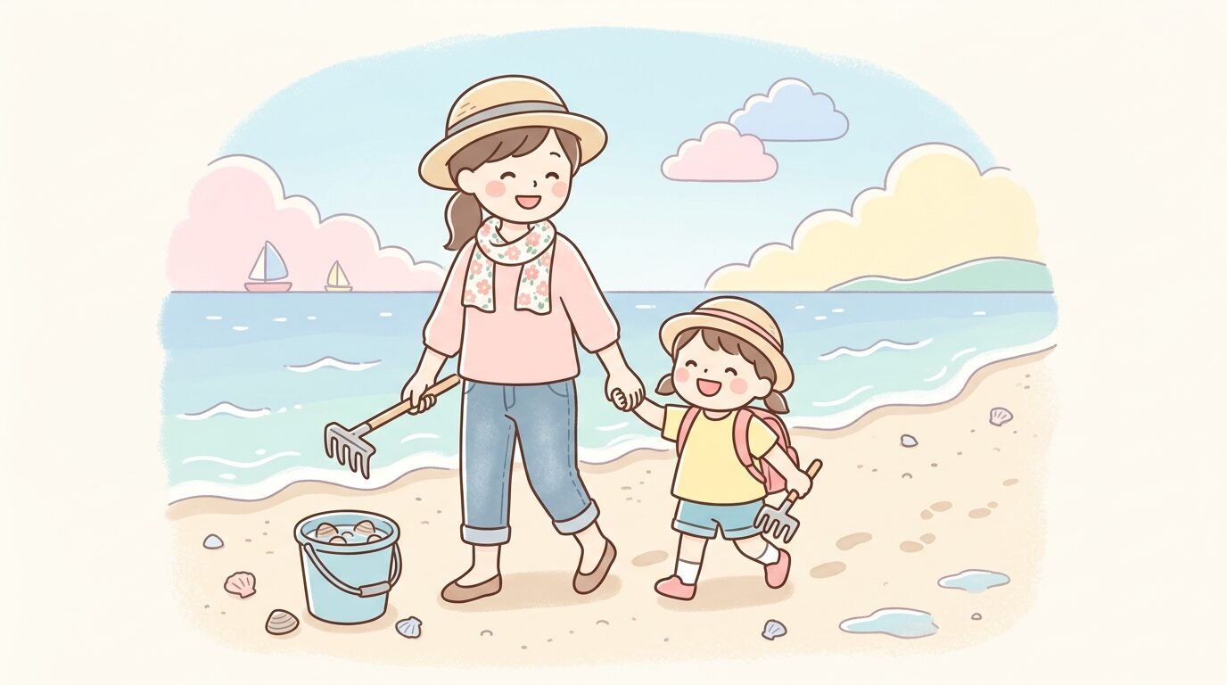 春の砂浜で親子が手をつなぎながら熊手を持って潮干狩りをしている笑顔の様子