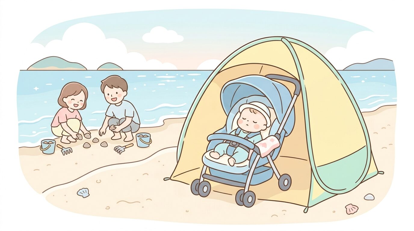 砂浜に設置したサンシェードの下でベビーカーに乗った赤ちゃんが休んでいる穏やかな風景
