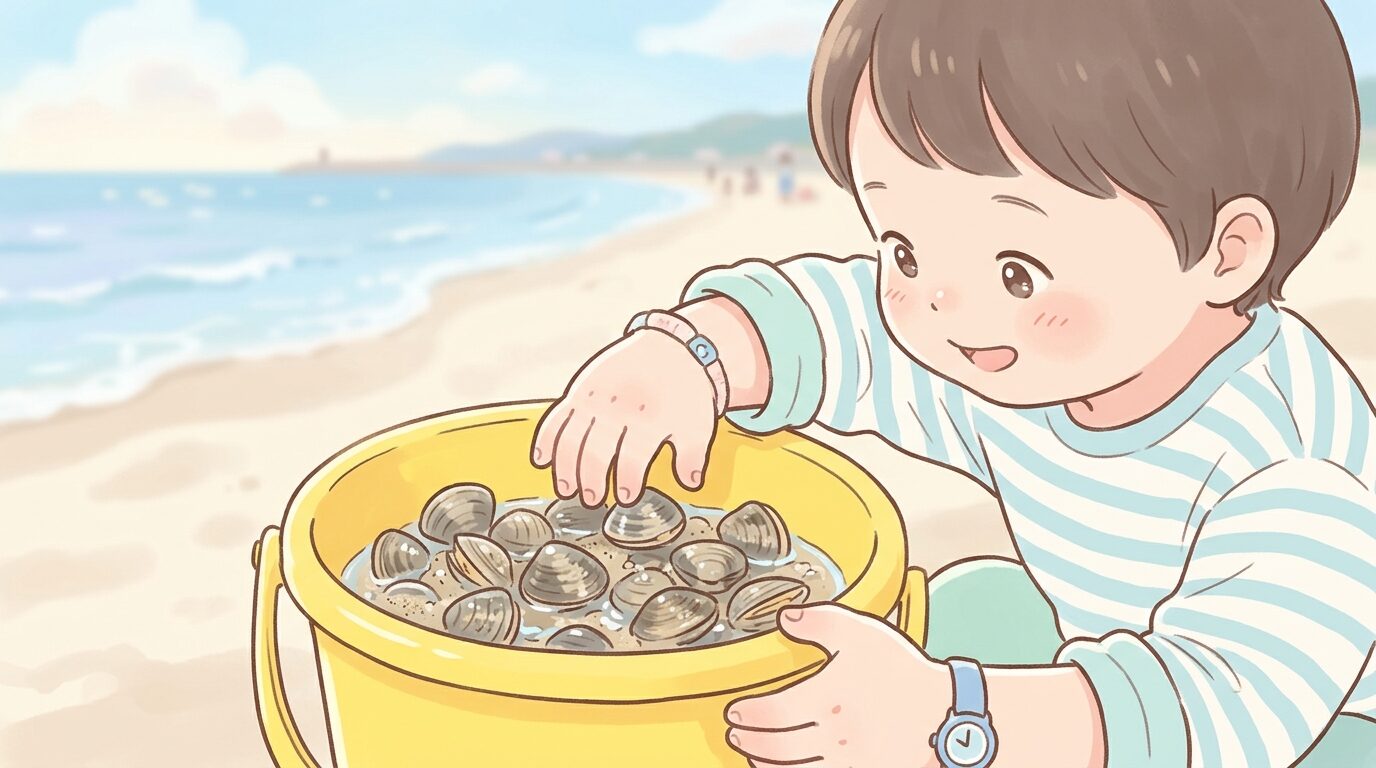 バケツの中で採れたばかりのアサリを興味深そうに見つめる幼児の手元