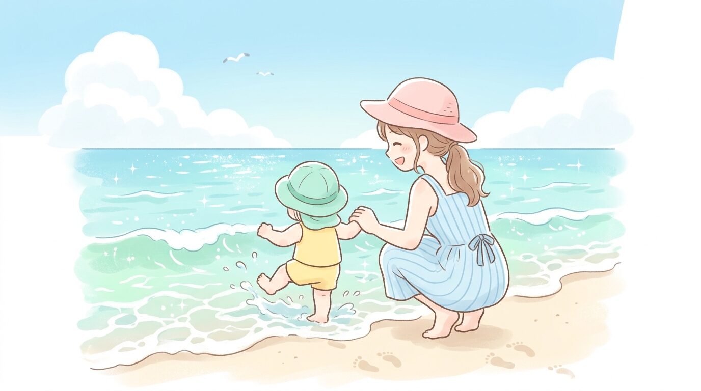 波打ち際で楽しそうに水遊びをする1歳半くらいの子どもと寄り添う母親の後ろ姿、明るい夏の砂浜