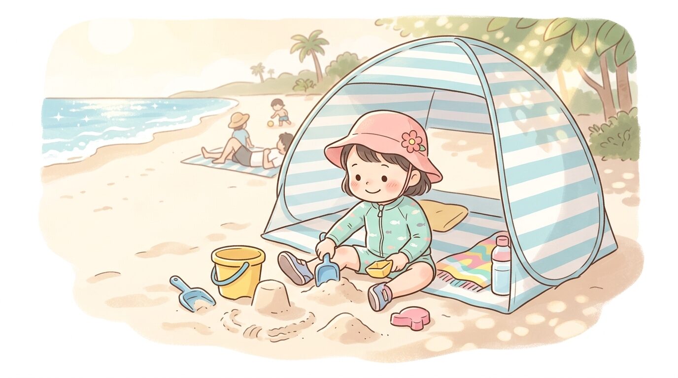 サンシェードの下でラッシュガードとサンハットを身につけた2歳児が砂遊びをしている様子、柔らかい木漏れ日