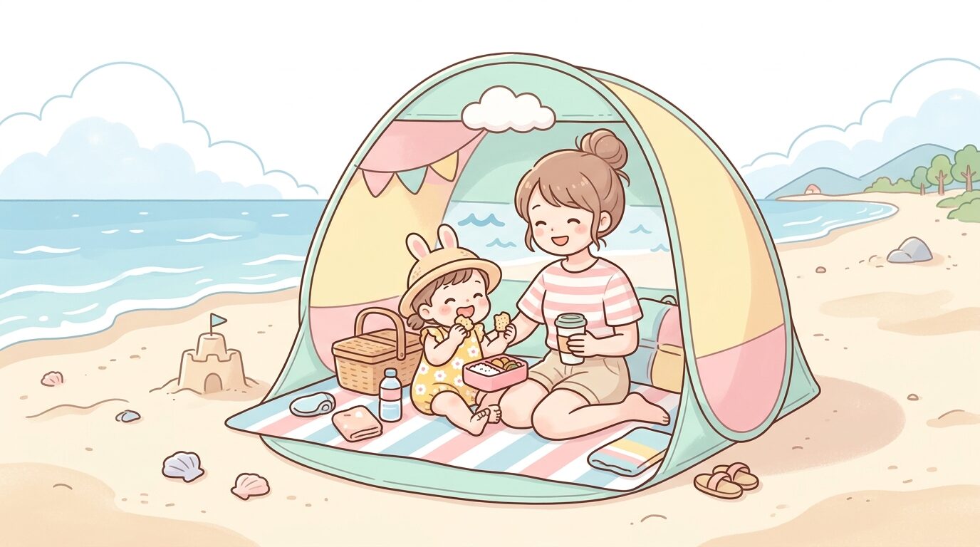 海辺のサンシェードの中でおやつを食べながら休憩する親子、リラックスした雰囲気