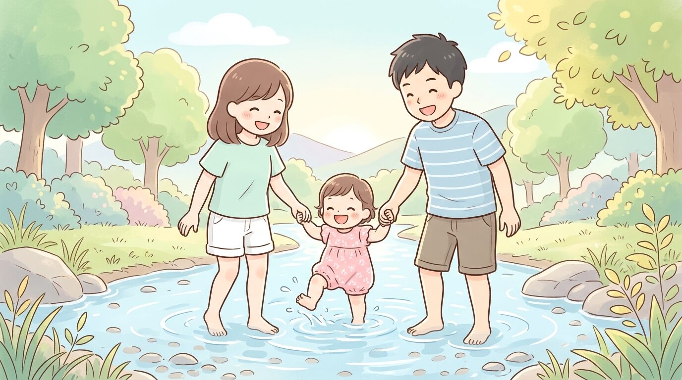 浅い川辺で1歳の子どもが両親と手をつなぎながら水面に足をつけて笑っている様子、夏の午前中の柔らかな日差し