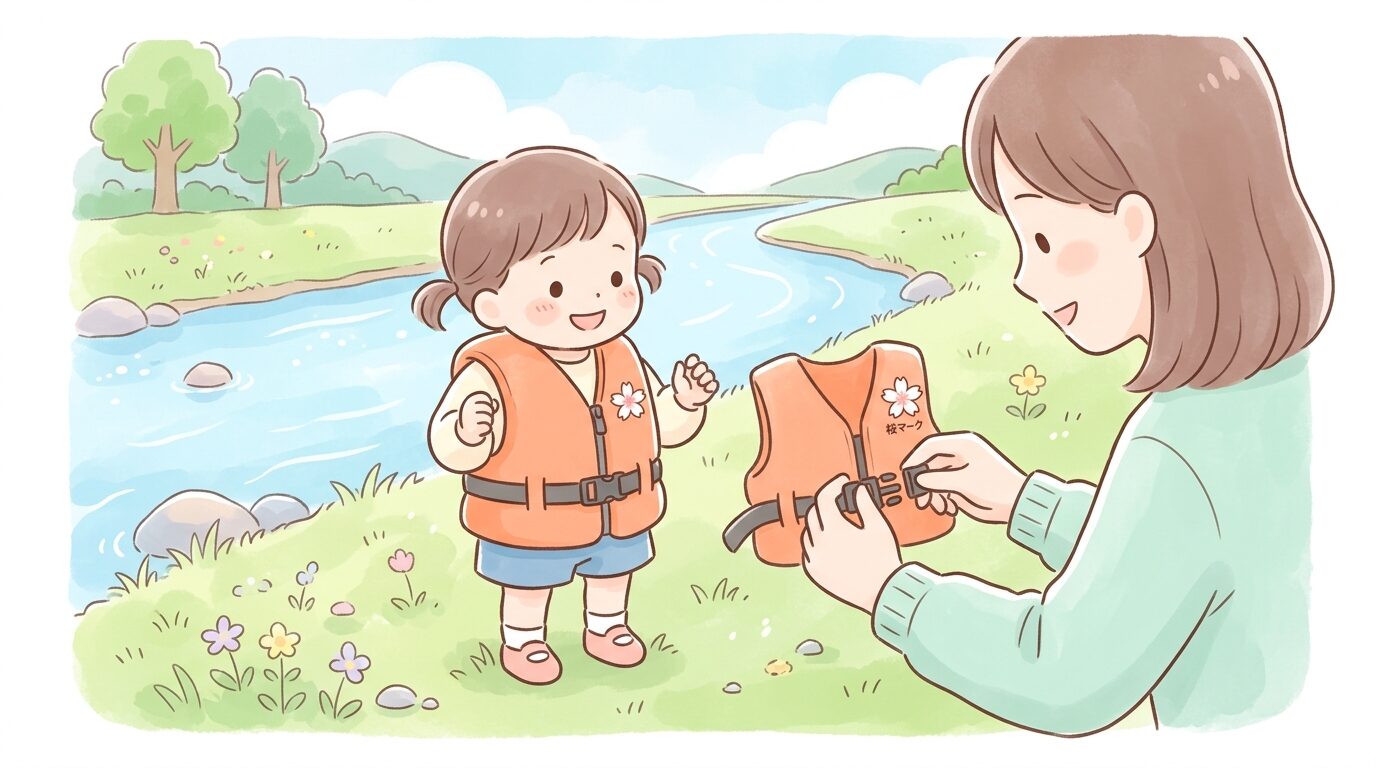 桜マーク付きのオレンジ色の子供用ライフジャケットを2歳児に装着させる母親の手元、川辺の芝生の上