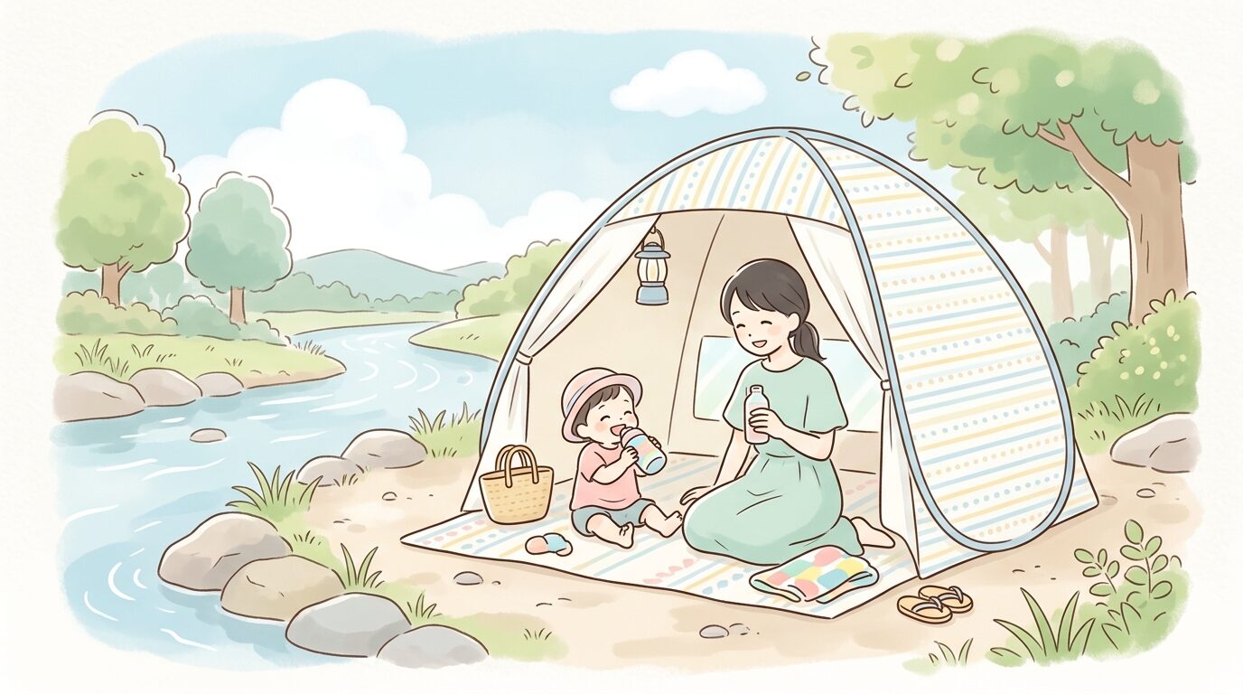 川辺に設置された簡易テントの下で親子が休憩し、水分補給をしているリラックスした様子、夏の午後