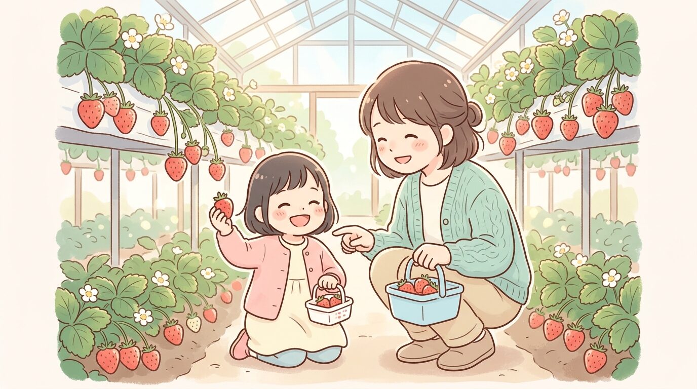 いちごのハウスの中で2歳くらいの女の子が親と一緒にいちごを摘んでいる笑顔の様子