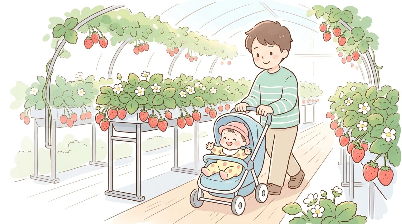 高設栽培のいちご農園でベビーカーを押しながら通路を歩く父親と赤ちゃん