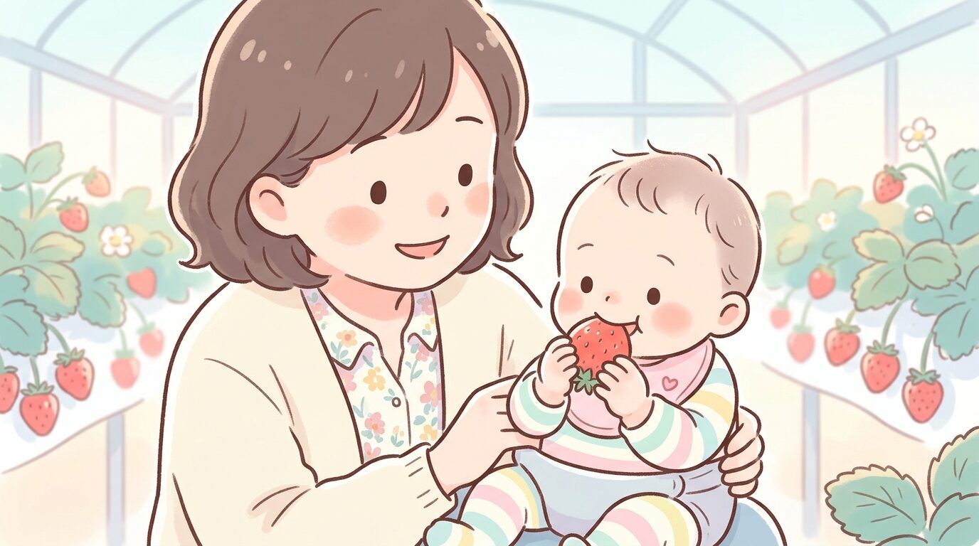 赤ちゃんが初めていちごを食べる様子を優しく見守る母親のクローズアップ