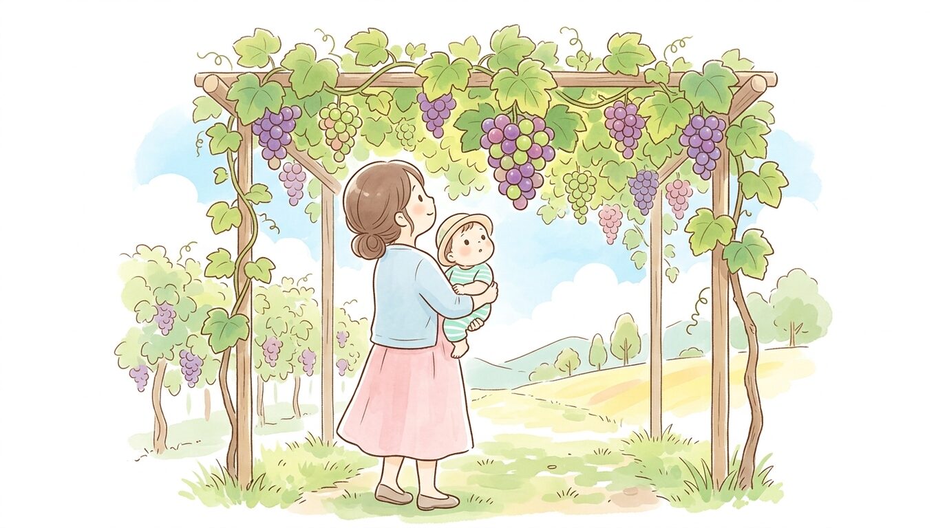ぶどう棚の下で1歳児を抱っこしながらぶどうの房を見上げる母親の後ろ姿