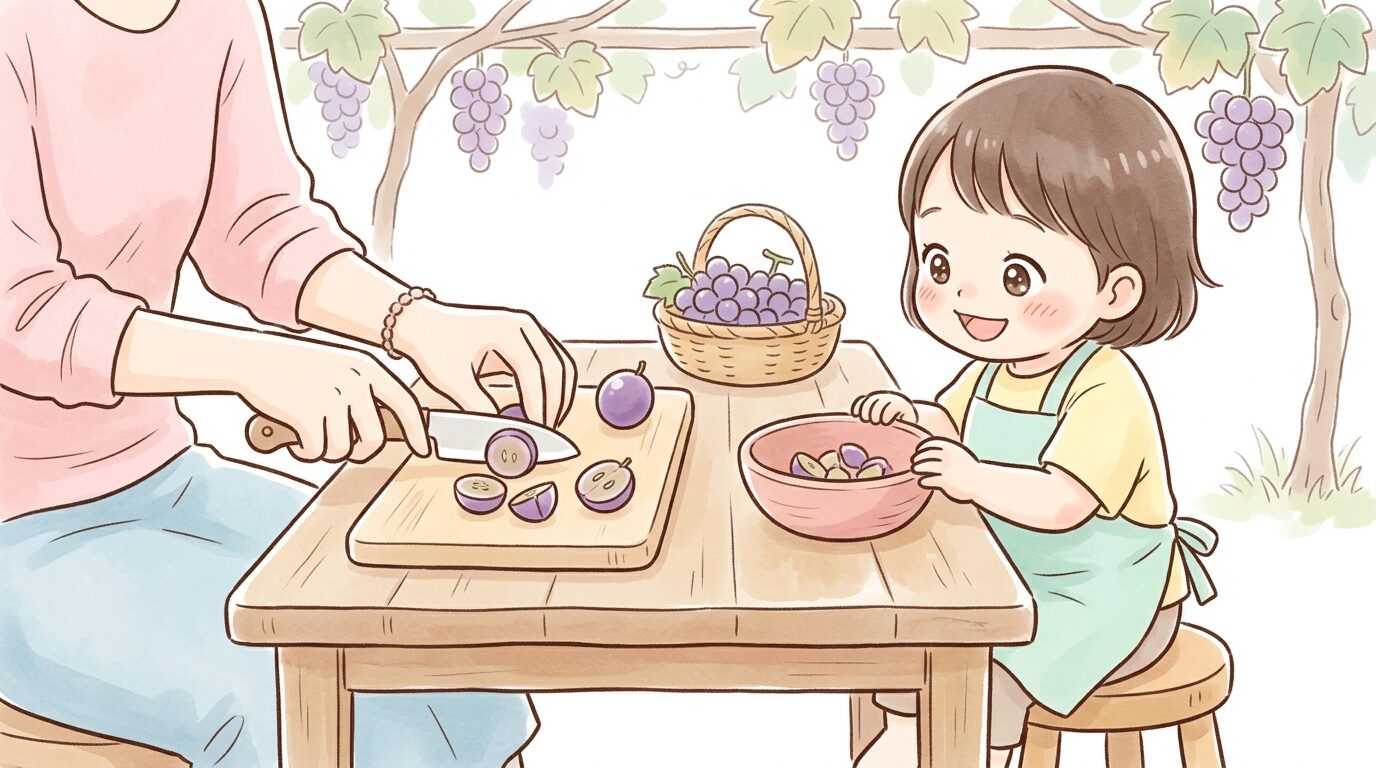テーブルの上でぶどうを小さくカットしている手元と、隣で待つ2歳児の様子