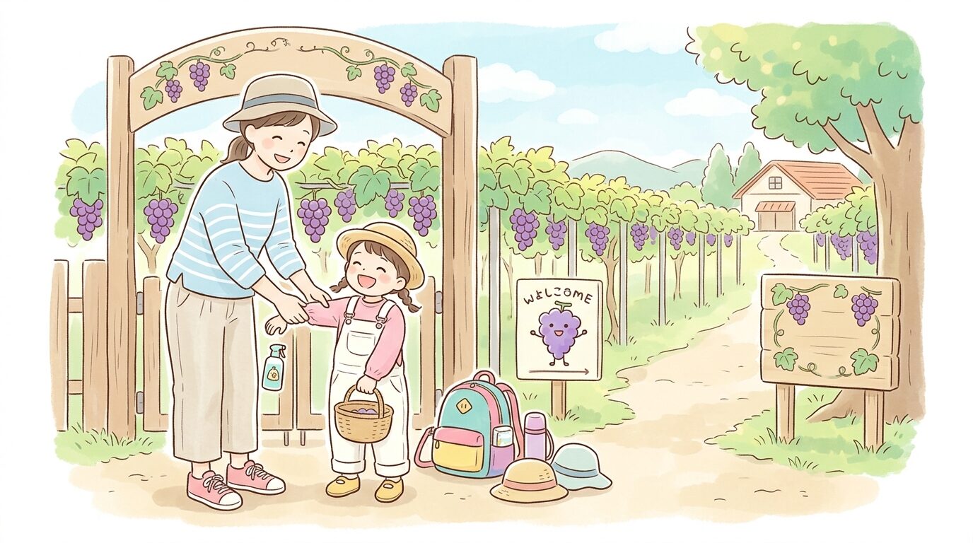 長袖の虫除け対策をした親子が農園の入り口で準備をしている様子