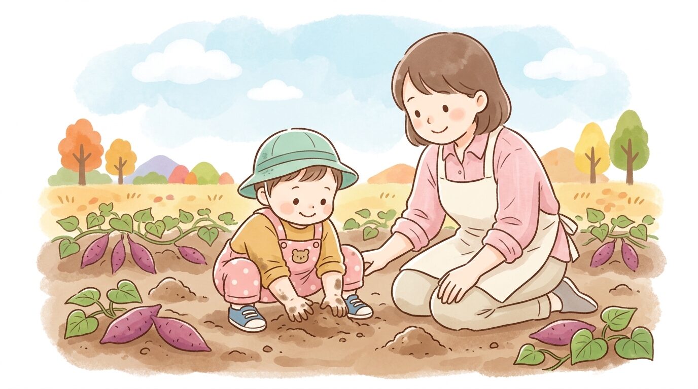秋の畑でしゃがみ込み、両手で土をすくう1歳児と隣で見守る母親