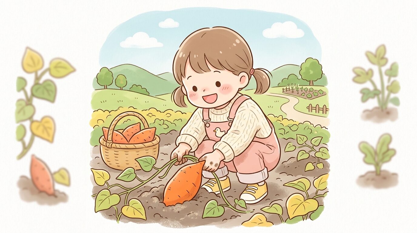 さつまいも畑でオレンジ色のさつまいもを両手で掘り出す3歳くらいの女の子