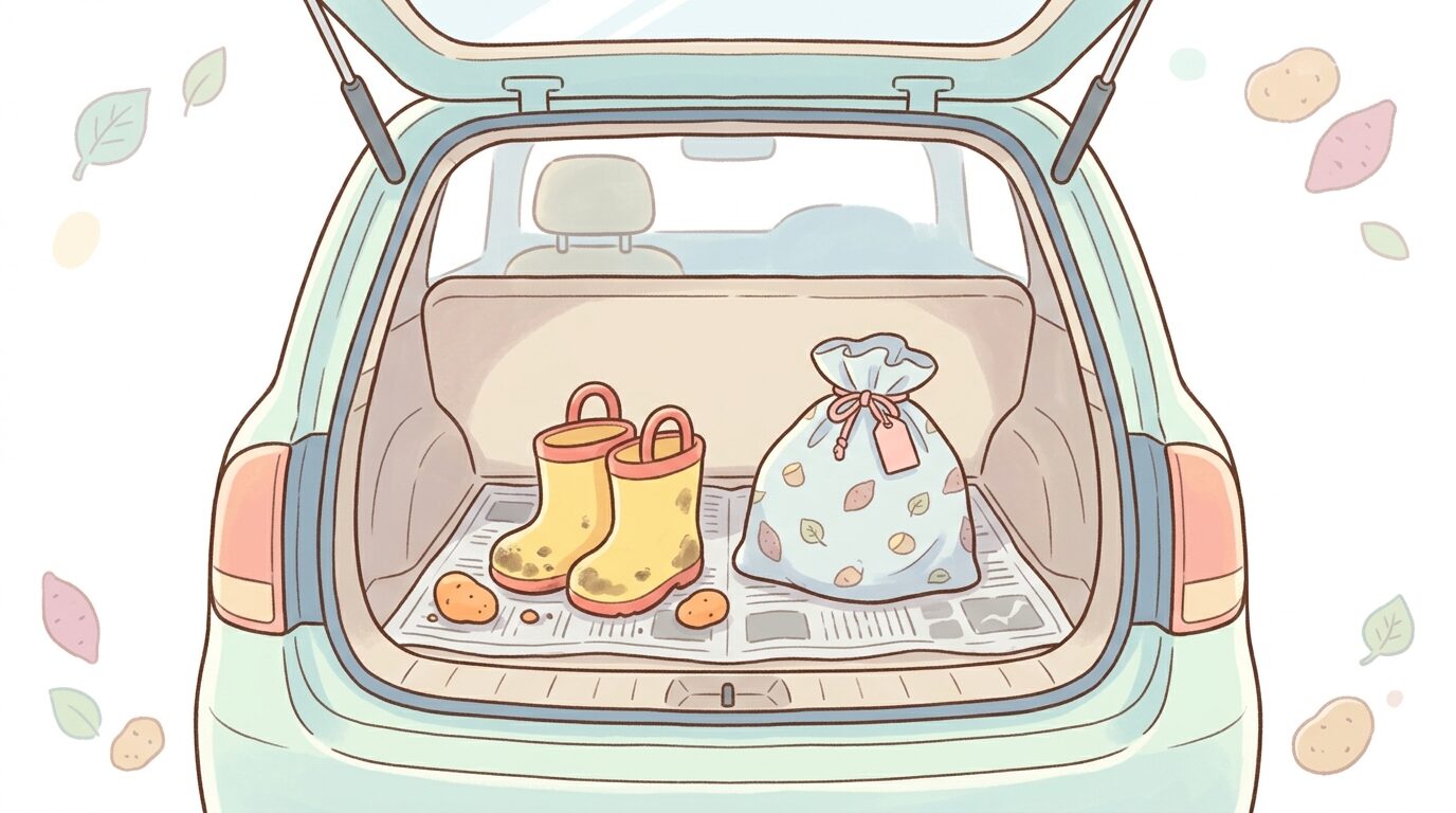 芋掘り帰りの車のトランクに新聞紙を敷き、長靴と着替え袋を並べる様子