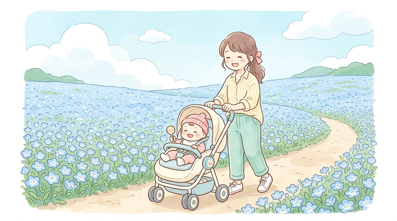 一面のネモフィラ畑を背景にベビーカーに乗った赤ちゃんと笑顔の母親