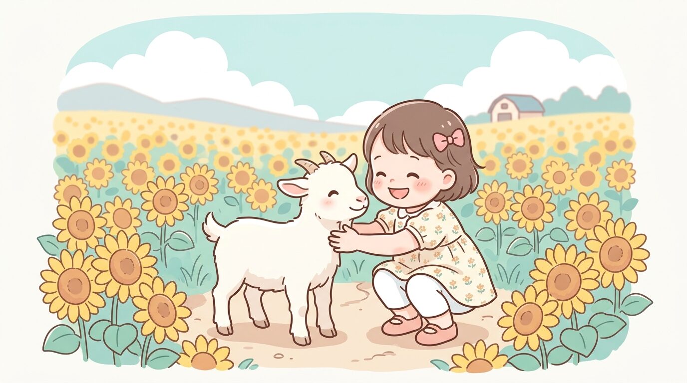満開のひまわり畑の中で牧場のヤギに触れる幼児の様子