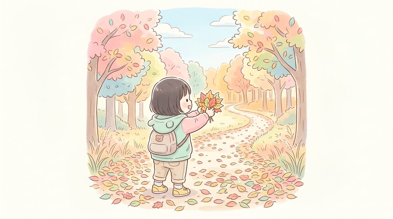落ち葉の積もった遊歩道でカラフルな落ち葉を両手に持ってはしゃぐ2歳児の後ろ姿