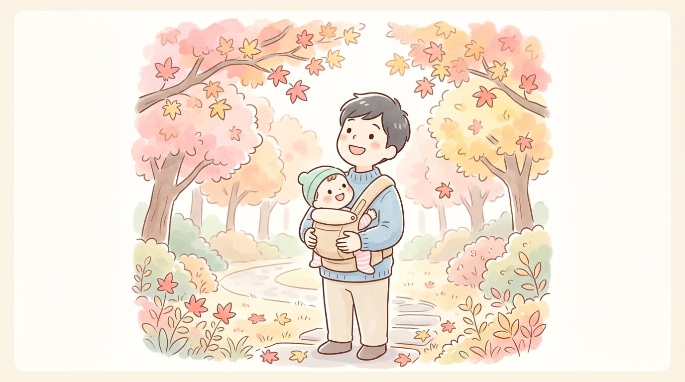 紅葉に染まった庭園を背景に赤ちゃんを抱っこ紐で抱いた父親が笑顔で見上げるシーン