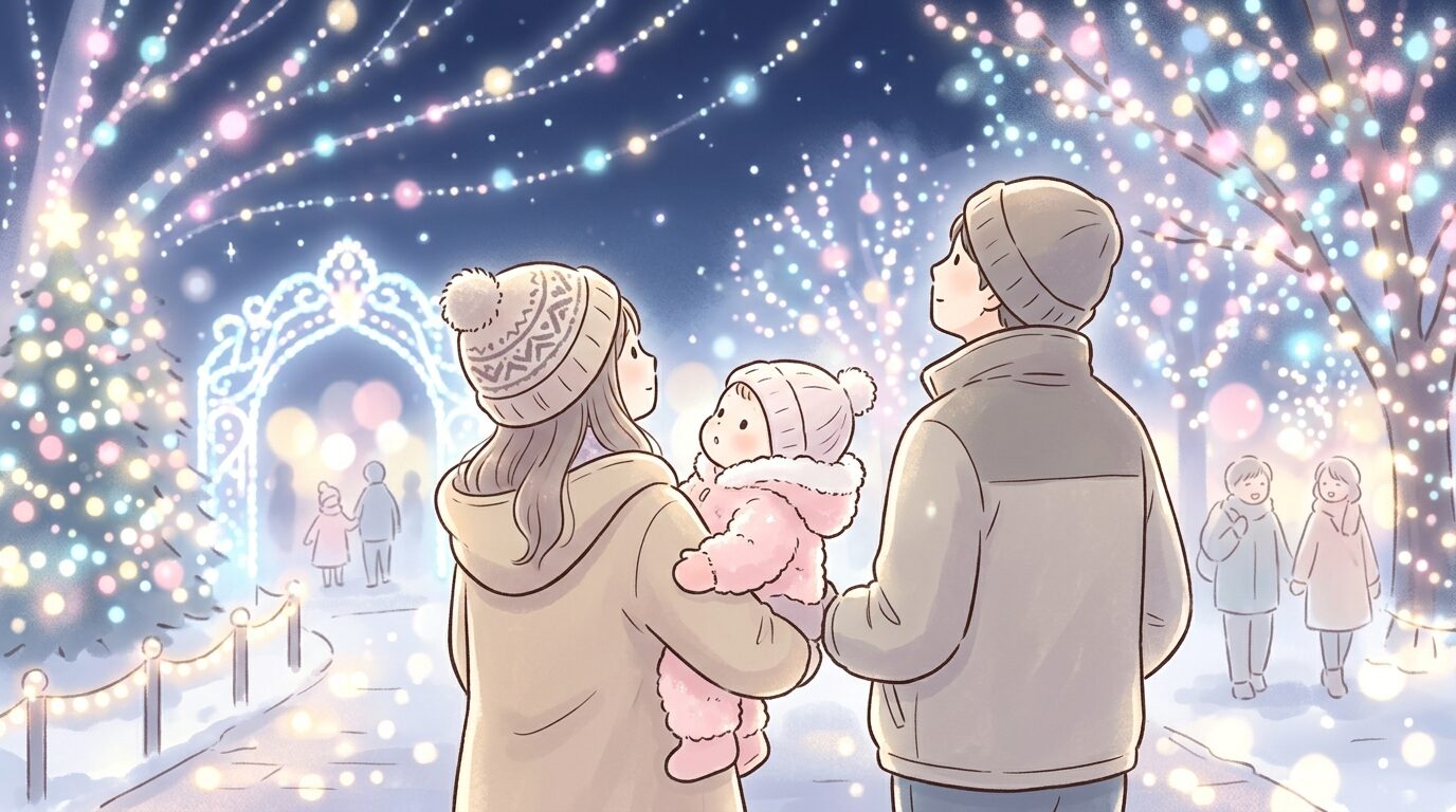 防寒着を着た赤ちゃんを抱っこして光り輝くイルミネーションを見上げる親子の後ろ姿