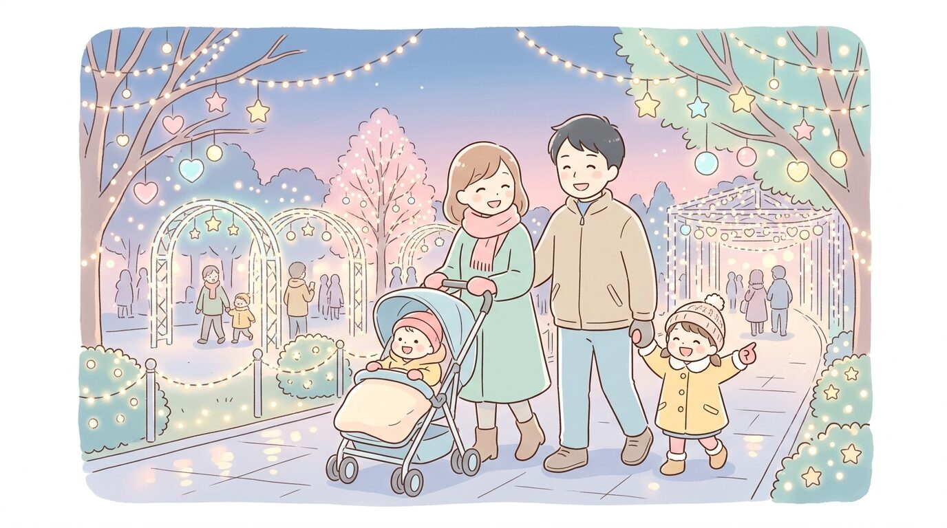 夕暮れ時のイルミネーション会場でベビーカーを押しながら歩く家族の様子