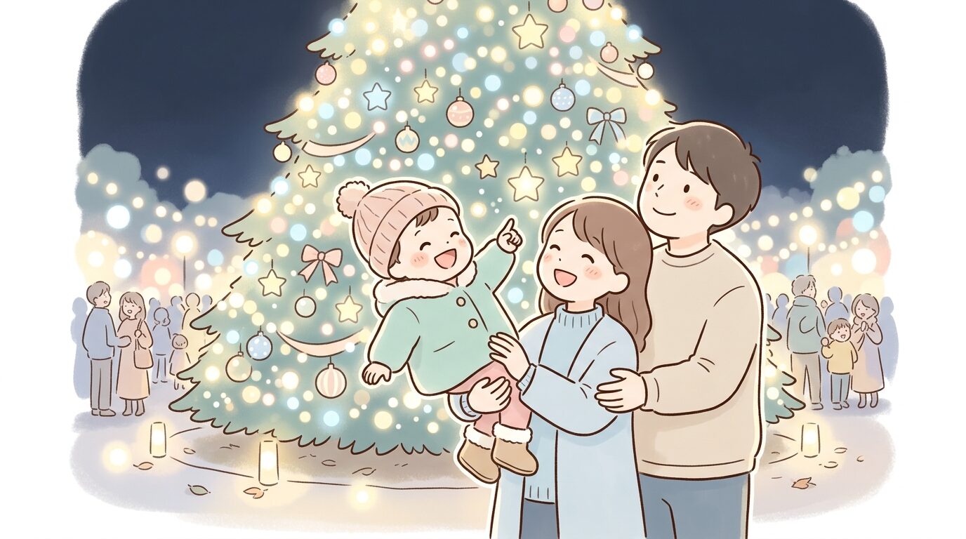 大きなクリスマスツリーの前で光を見上げて笑う1歳児と両親