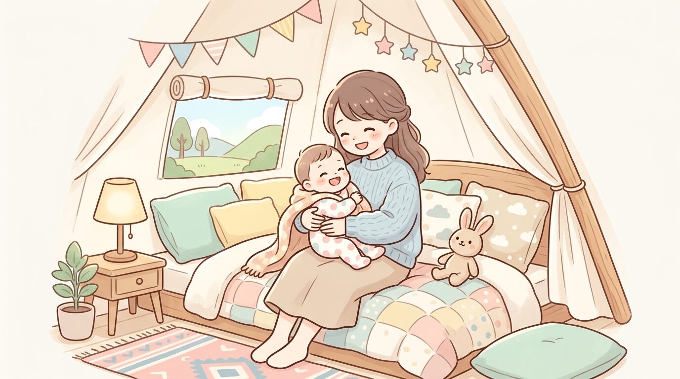グランピングテントの中でベッドに座り、赤ちゃんを抱っこして笑顔を見せる母親