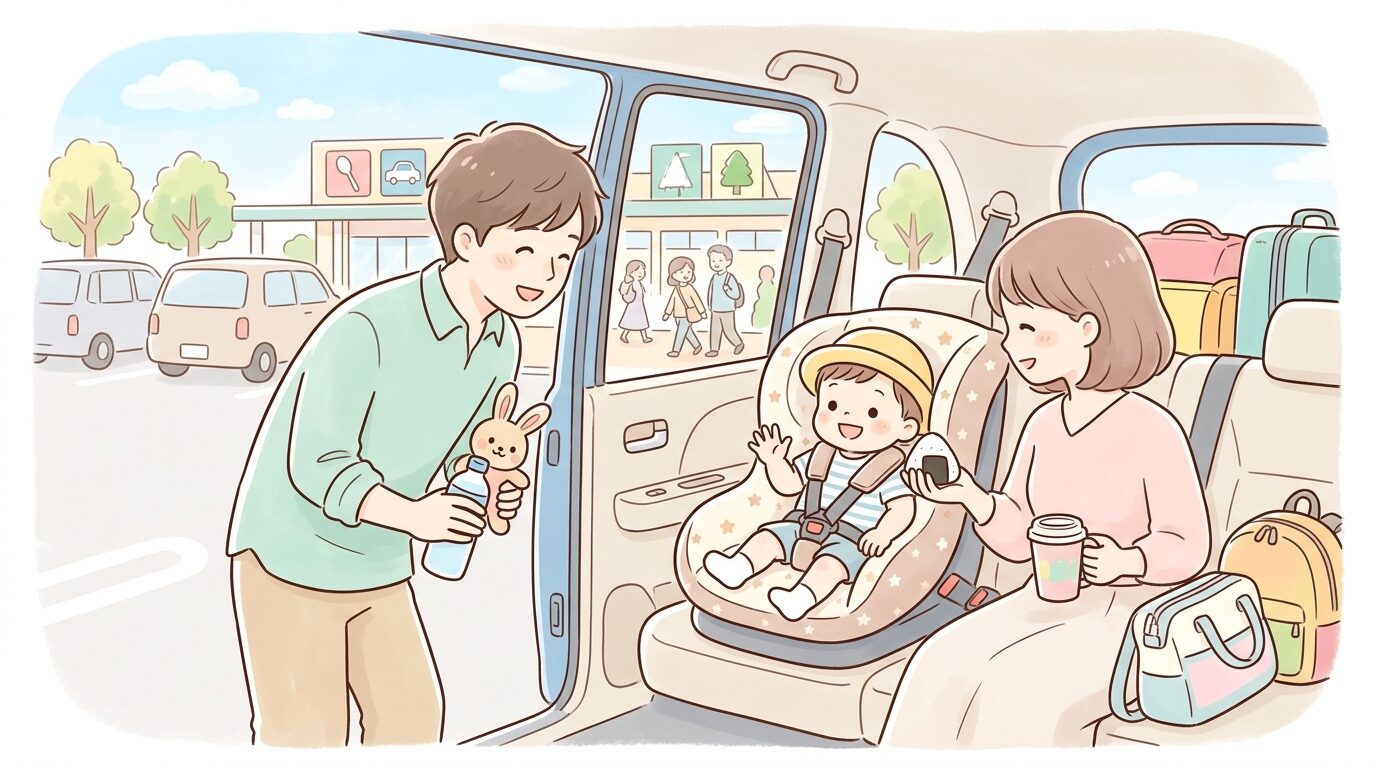 高速道路のサービスエリアでチャイルドシートに座る幼児と休憩する家族